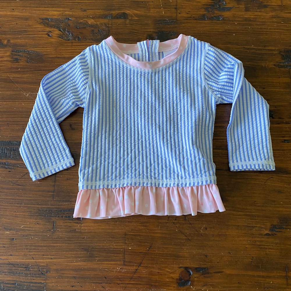 RuffleButts Blue White Seersucker Pink Polka Dot Rash Guard Swim Top 12-18m *